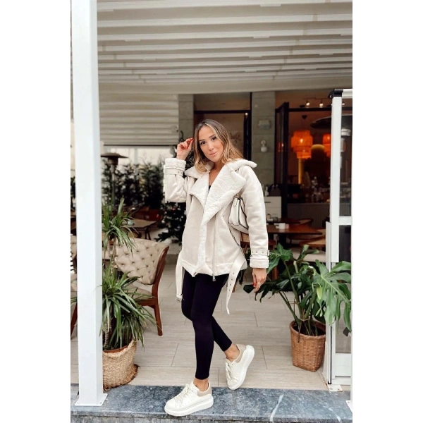 Yeni Sezon Kadın Içi Rapitli Kemer Detaylı Zr Deri Süet Mont LQ