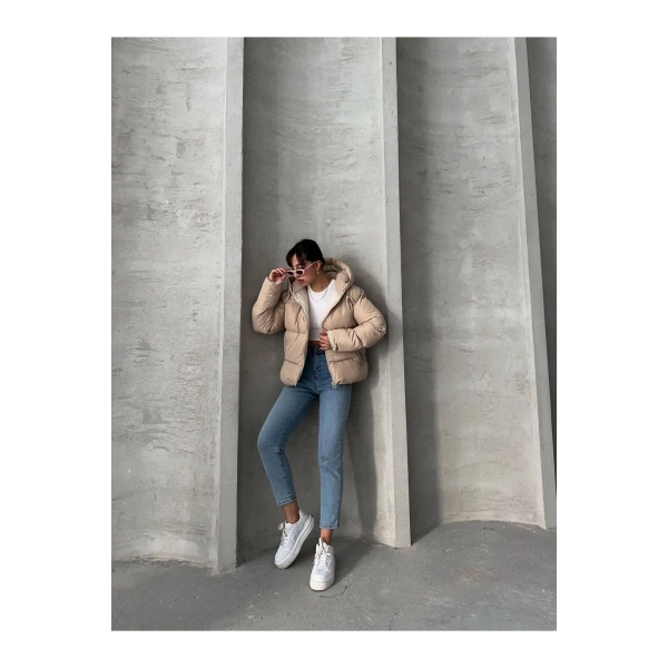 KADIN KREM KAPÜŞONLU MONT