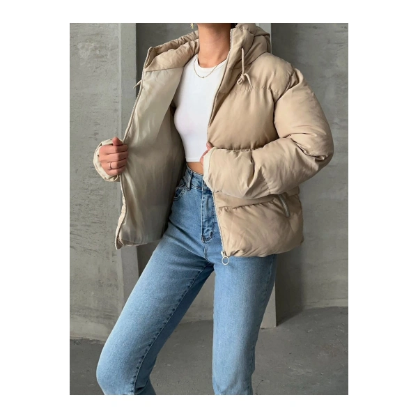 KADIN KREM KAPÜŞONLU MONT