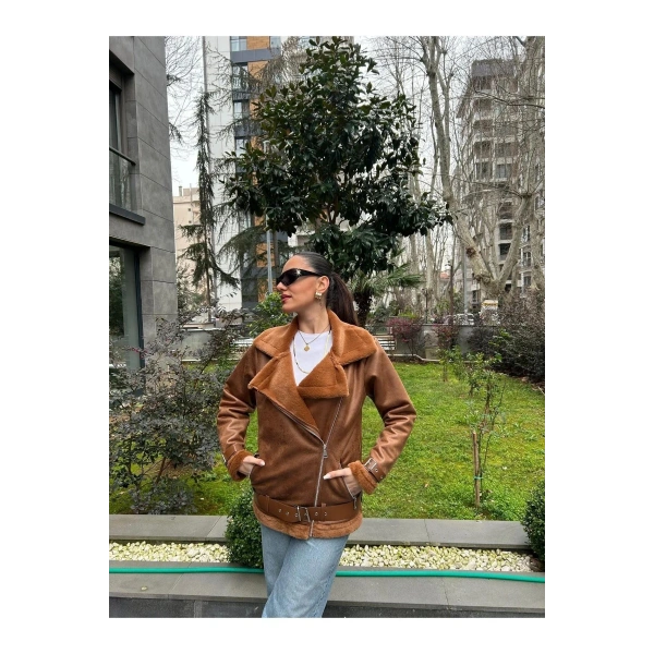 Yeni Sezon Kadın İçi Rapitli Kemer Detaylı Deri Süet Mont Ceket