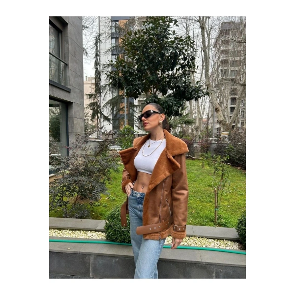 Yeni Sezon Kadın İçi Rapitli Kemer Detaylı Deri Süet Mont Ceket