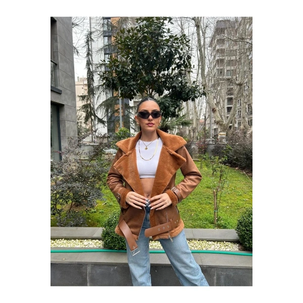 Yeni Sezon Kadın İçi Rapitli Kemer Detaylı Deri Süet Mont Ceket