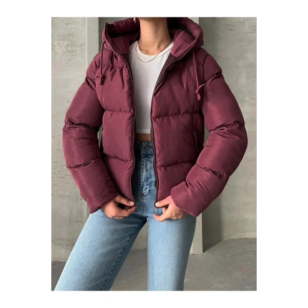 Kadın Bordo Kapüşonlu Mont