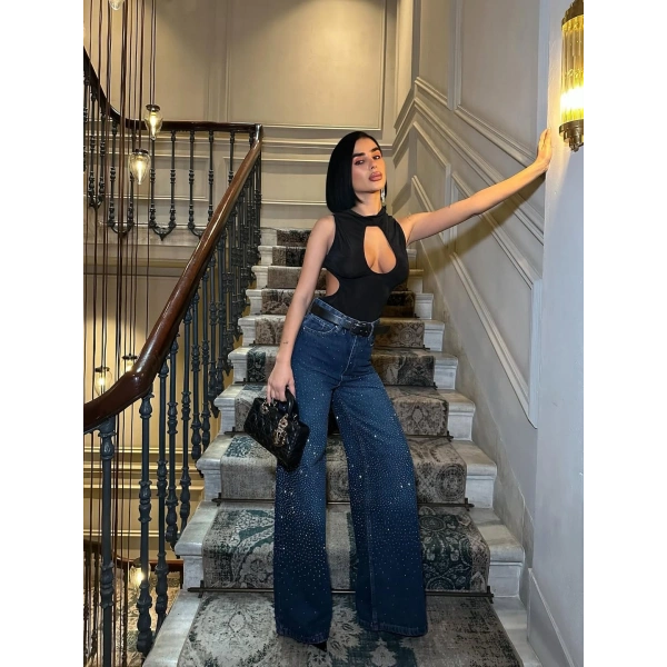 Kadın Jean Yüksek Bel Palazzo Esnek Kot Pantolon