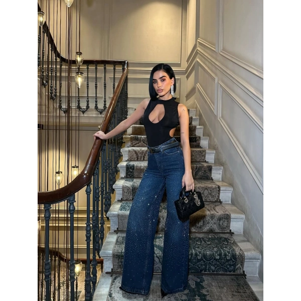 Kadın Jean Yüksek Bel Palazzo Esnek Kot Pantolon