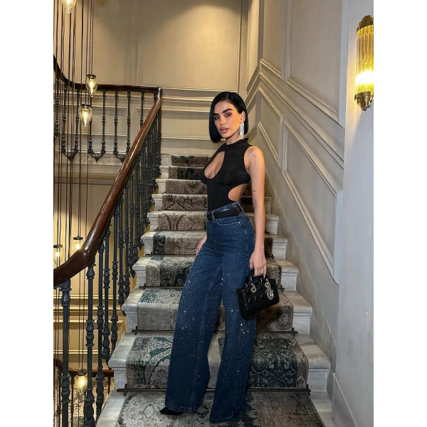 Kadın Jean Yüksek Bel Palazzo Esnek Kot Pantolon