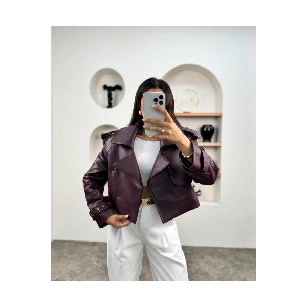 kadın premium trend luxury bordo suni deri tasarım biker ceket