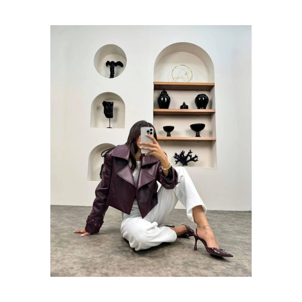 kadın premium trend luxury bordo suni deri tasarım biker ceket
