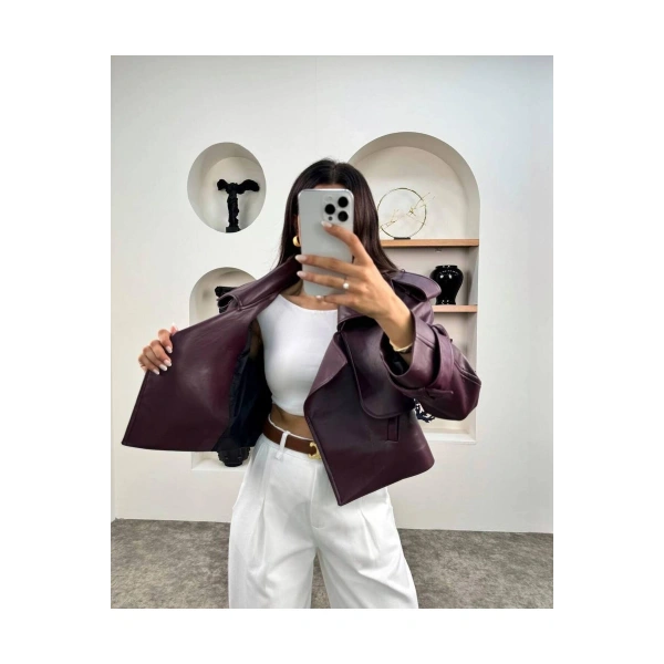kadın premium trend luxury bordo suni deri tasarım biker ceket
