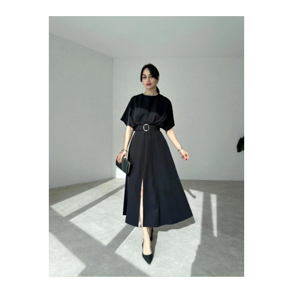 HAYALİM MODA Kemer Detaylı Yırtmaçlı Piliseli Midi Elbise