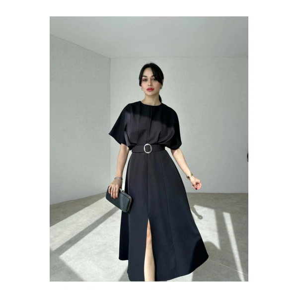 HAYALİM MODA Kemer Detaylı Yırtmaçlı Piliseli Midi Elbise