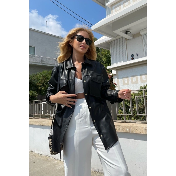 Siyah Ince Şardonlu Cep Detaylı Suni Deri Gömlek Ceket