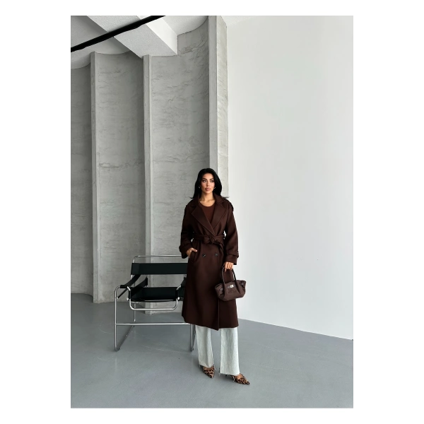 Laura Kuşaklı Yeni Sezon Astarlı Premium Kalite Rahat Kalıp Kadın Kaşe Kaban Mont