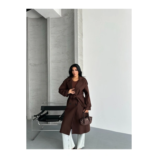 Laura Kuşaklı Yeni Sezon Astarlı Premium Kalite Rahat Kalıp Kadın Kaşe Kaban Mont