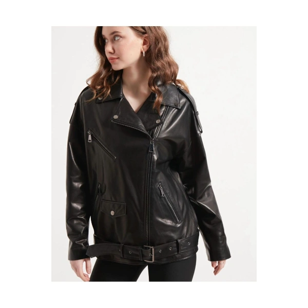 Kadın Hakiki Deri Ceket Beli Kemerli Oversize Model
