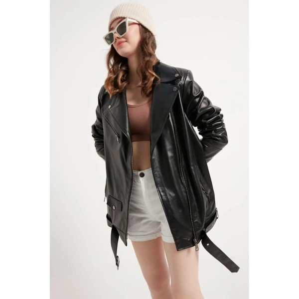 Kadın Hakiki Deri Ceket Beli Kemerli Oversize Model