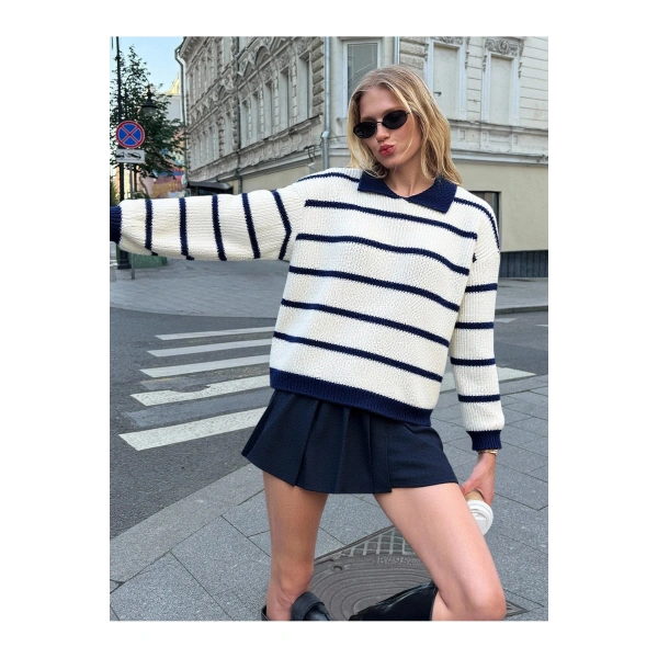 Selanik Örgü Polo Yaka Oversize Zr Model Kadın Triko Kazak