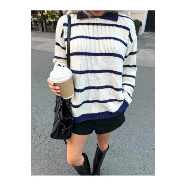 Selanik Örgü Polo Yaka Oversize Zr Model Kadın Triko Kazak