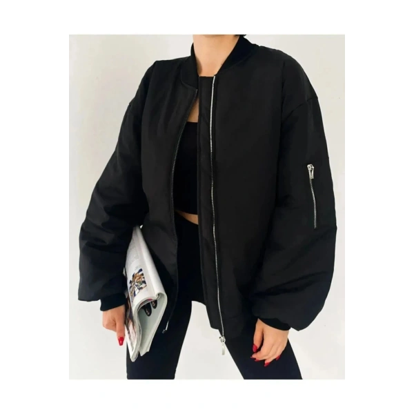 Unisex Bay uyumlu Siyah Bomber Ceket