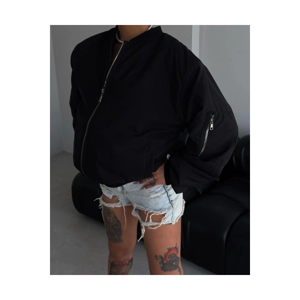 Unisex Bay uyumlu Siyah Bomber Ceket
