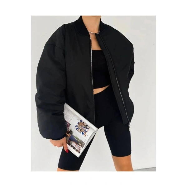 Unisex Bay uyumlu Siyah Bomber Ceket