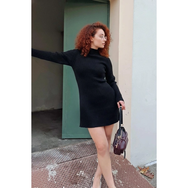 Serre Örgü Yarım Balıkçı Kadın Triko Mini Elbise