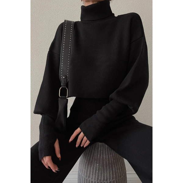 Triko Crop Pantolon Takım Siyah
