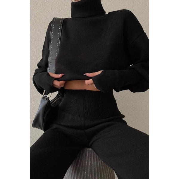 Triko Crop Pantolon Takım Siyah
