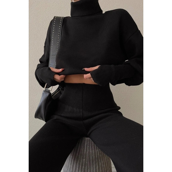 Triko Crop Pantolon Takım Siyah