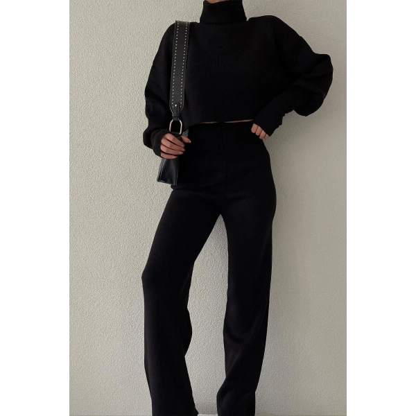 Triko Crop Pantolon Takım Siyah