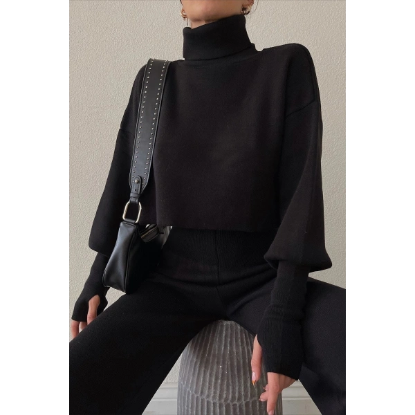 Triko Crop Pantolon Takım Siyah
