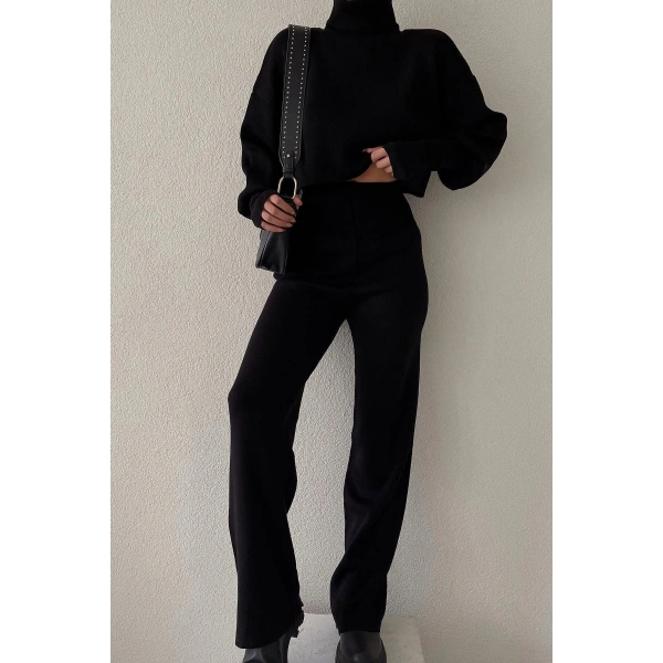 Triko Crop Pantolon Takım Siyah