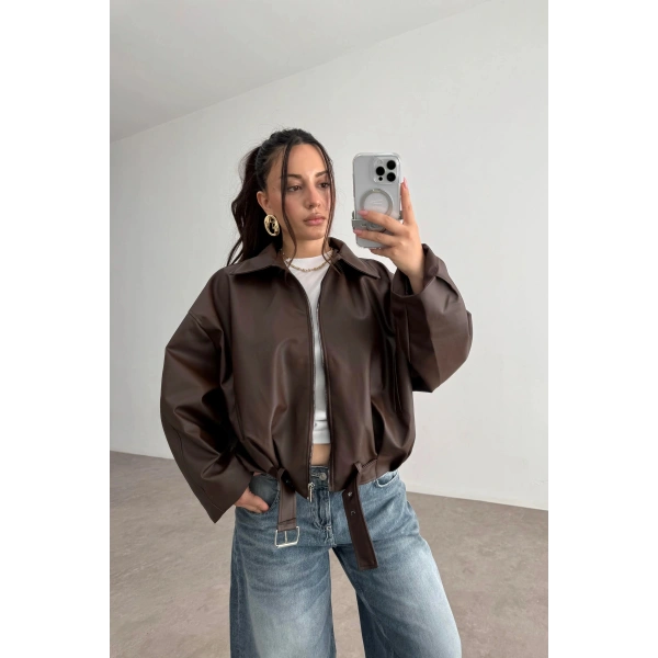 Kadın Oversize Bomber Premium Deri Ceket Kemerli