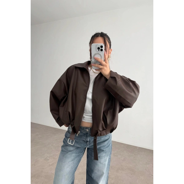 Kadın Oversize Bomber Premium Deri Ceket Kemerli
