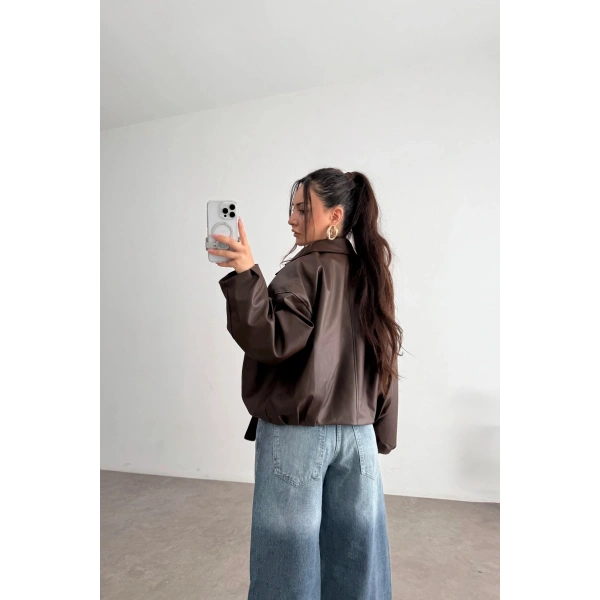 Kadın Oversize Bomber Premium Deri Ceket Kemerli