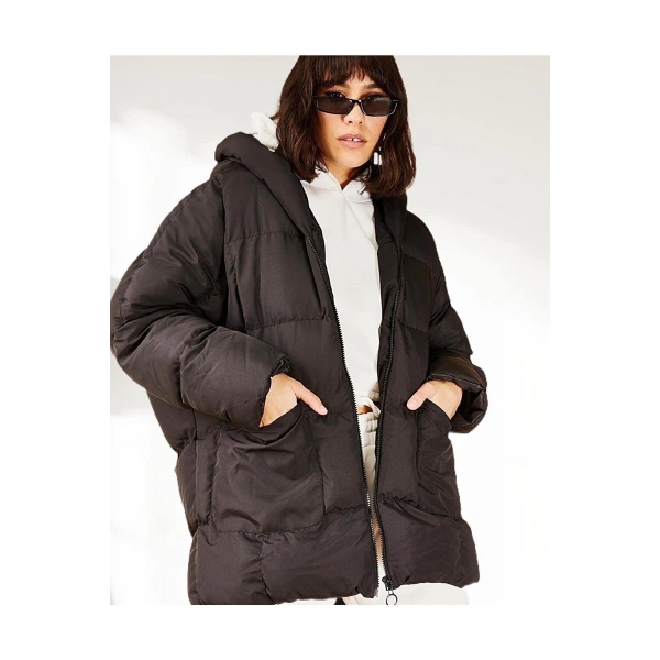 Kadın Büyük Çift Cepli Kapişonlu Oversize Şişme Mont
