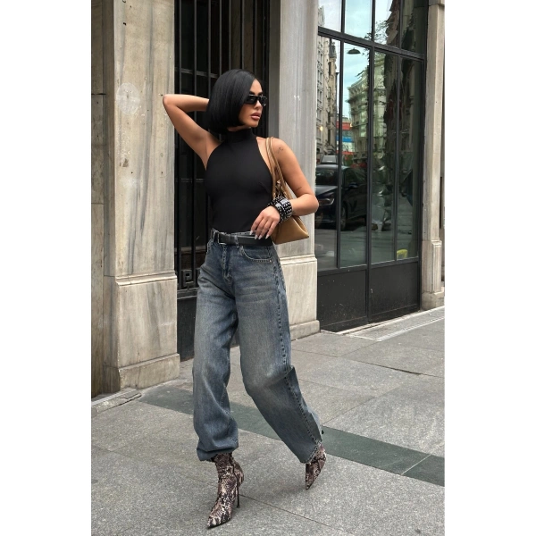 Kadın Baggy Jean Yüksek Bel Palazzo Esnek Kot Pantolon