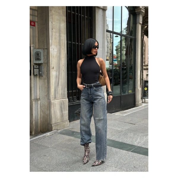 Kadın Baggy Jean Yüksek Bel Palazzo Esnek Kot Pantolon