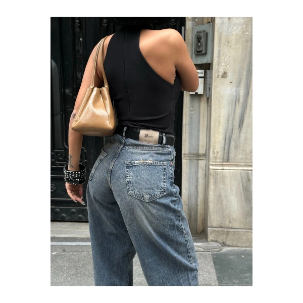 Kadın Baggy Jean Yüksek Bel Palazzo Esnek Kot Pantolon