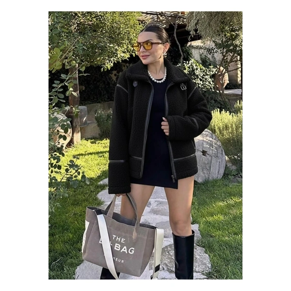 Kadın Şeritli Astarlı Peluş Kaban Mont