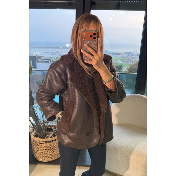 Kahve Düğmeli Süet Ceket