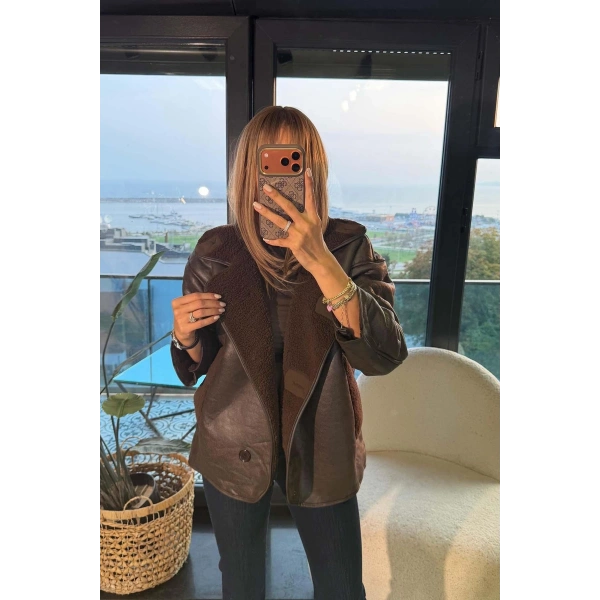 Kahve Düğmeli Süet Ceket
