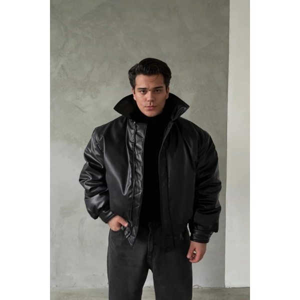 Siyah Bomber Deri Mont