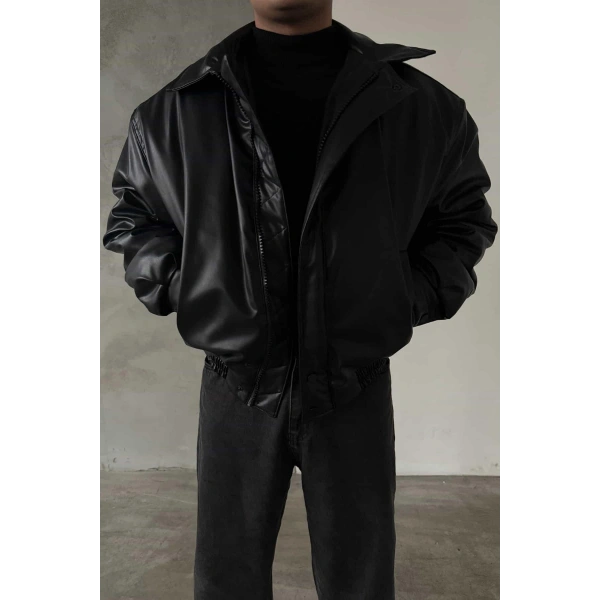 Siyah Bomber Deri Mont