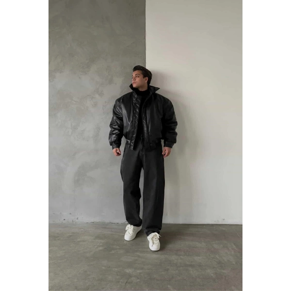 Siyah Bomber Deri Mont