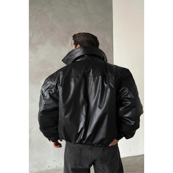 Siyah Bomber Deri Mont