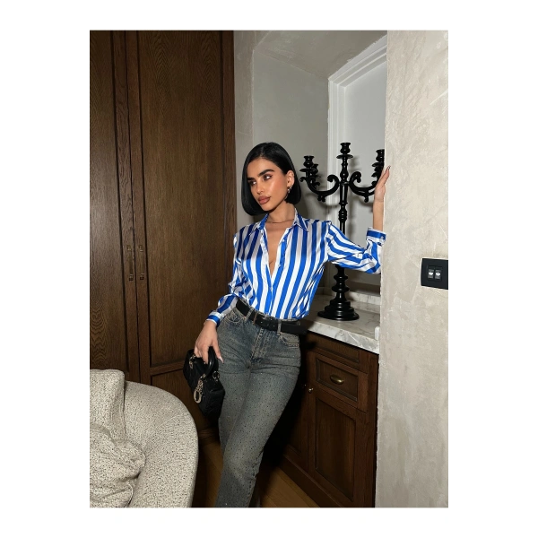 Çok Renkli Dikey Çizgili Premium Saten Gömlek - Retro Şık Tasarım