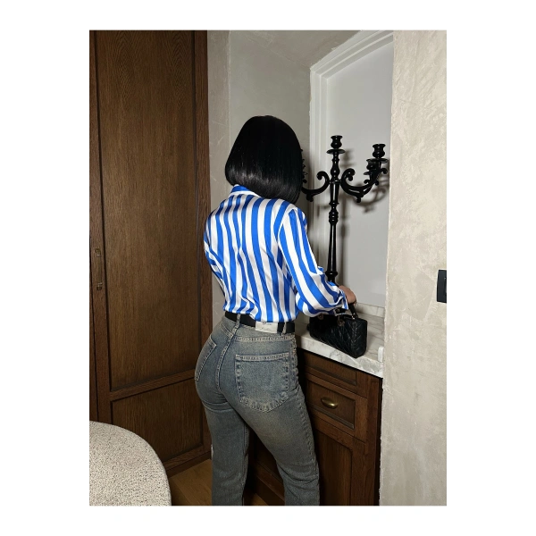 Çok Renkli Dikey Çizgili Premium Saten Gömlek - Retro Şık Tasarım