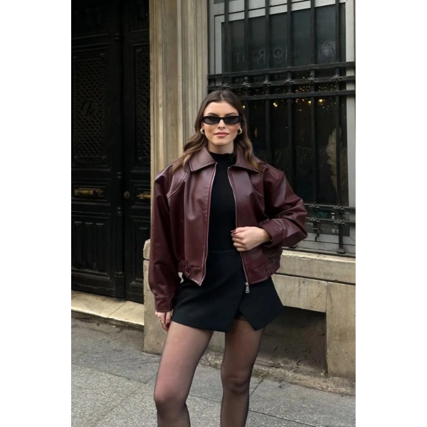 Yakalı Suni Deri Bomber Ceket