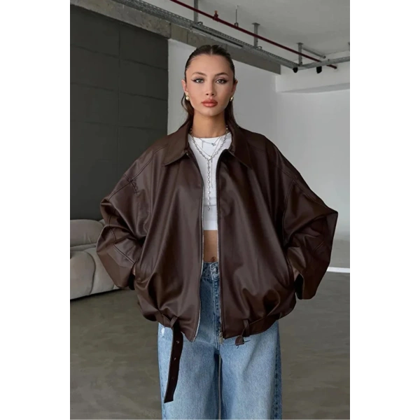Yeni Sezon Suni Oversize Bomber Deri Ceket